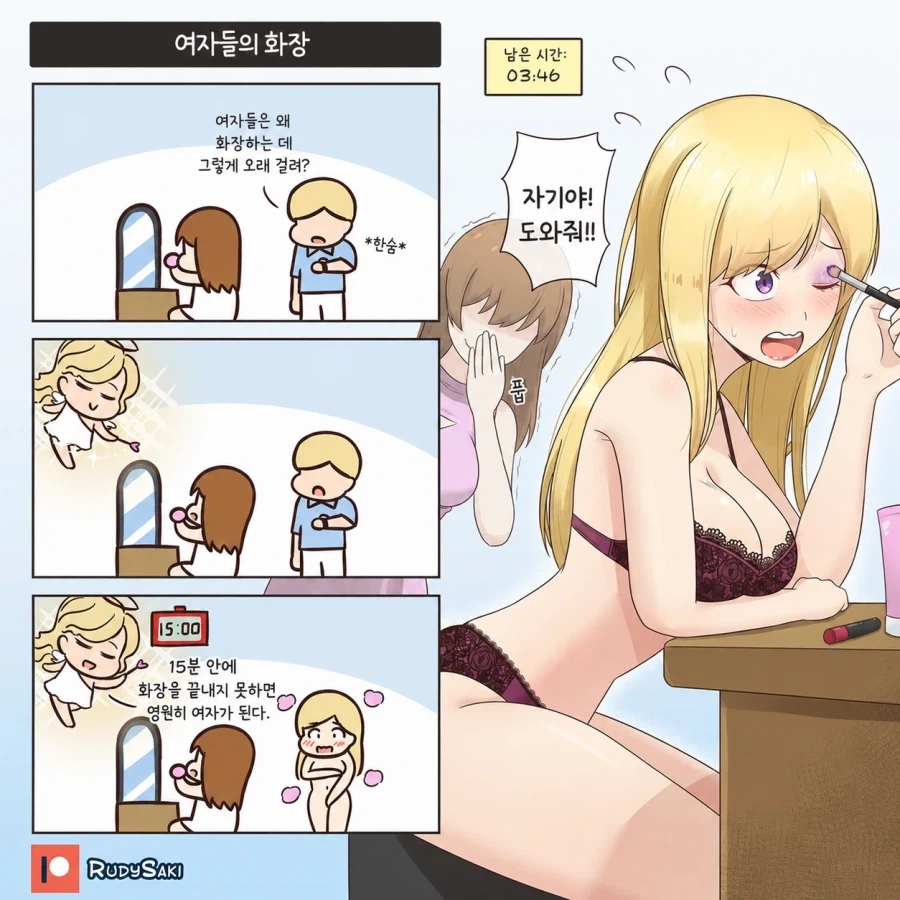 여자 친구의 화장이 늦어지자 불평하는 남자친구 만화