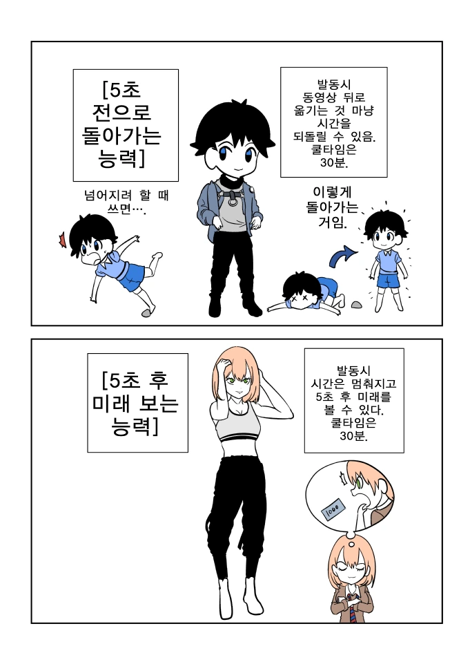 5초 전으로 돌아가는 능력 vs 미래 보는 능력 만화