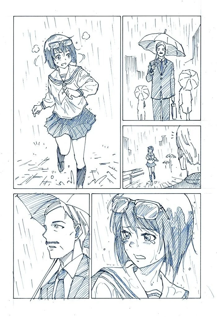 눈물을 흘리며 빗길을 달려가는 여고생.manhwa