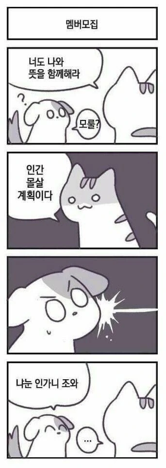 고양이가 개를 멤버로 넣으려는 만화.manwha